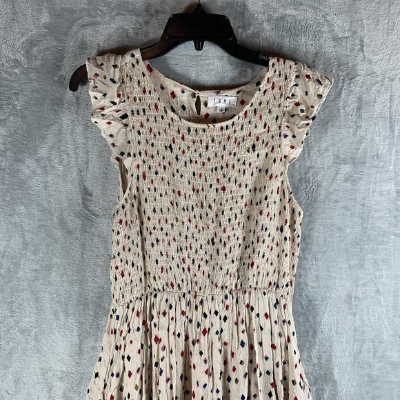 THML Womens Dress S Midi Smocked Geometric Print Ruffle Cap Sleeve Ivory Pockets - Picture 2 of 13